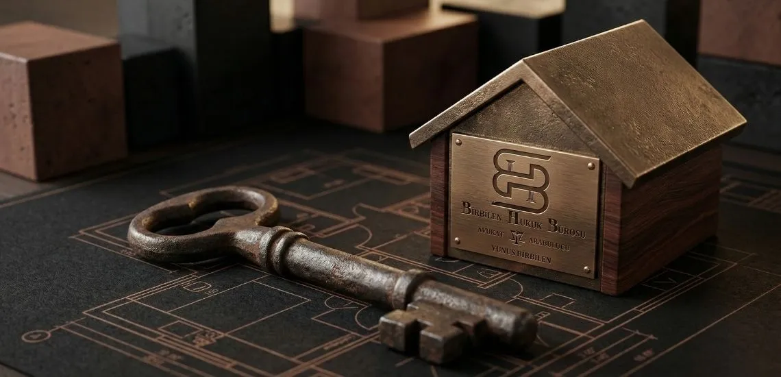 Bir masa üzerinde bir mimari çizim ve üzerinde eski bir anahtar. Masa üzerinde Kahverengi bir ev maketi üzerinde Birbilen hukuk bürosu logosu ve Avukat Yunus Birbilen ismi yazıyor. Odada bir çok koli bulunuyor. Loş bir ortam.