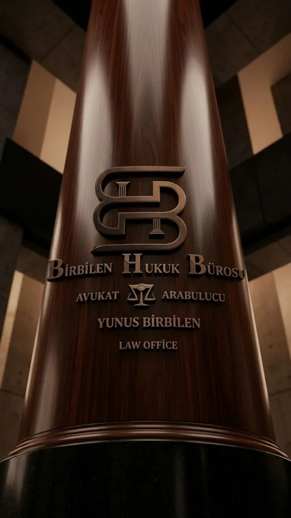 Ahşab bir kolonun üzerinde Birbilen Hukuk Bürosu logosu ve Avukat Yunus Birbilen yazıyor.