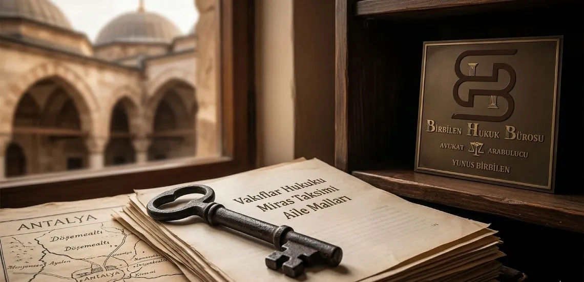 Bir Ofis penceresinden eski bir vakıf görünüyor. Ofiste masa üzerinde; Vakıflar hukuku, miras taksimi, Aile malları yazan bir dosya var. Dsya üzerinde çok eski bir anahtar. Duvarda Birbilen Hukuk bürosu , avukat Yunus Birbilen yazılı bir kahverengi tabela var.