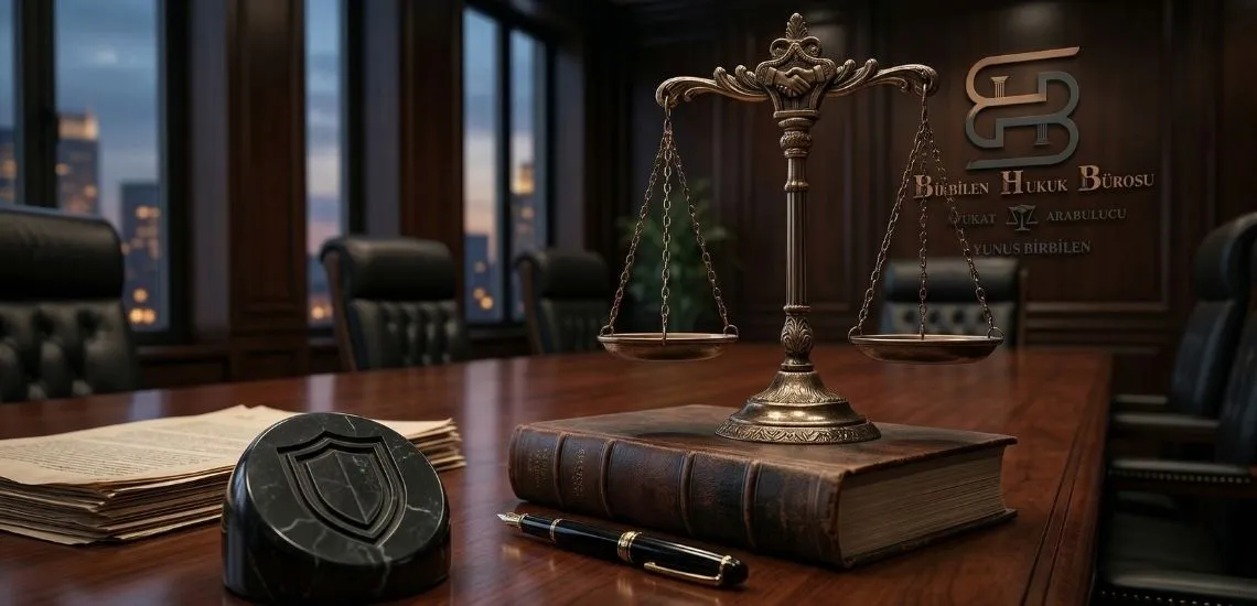 Kahverengi siyah tonlarda şık bir hukuk bürosu. Ahşap masa üzerinde Tazminat hukuku kitabı üzerinde bronz adalet terazisi, siyah dolma kalem ve dosyalar var. Masa etrafında siyah koltuklar. Duvarda kahverengi siyah tonlarında Birbilen Hukuk Bürosu Logosu bulunan ve Avukat Yunus Birbilen yazılı bir ahşap tabela.